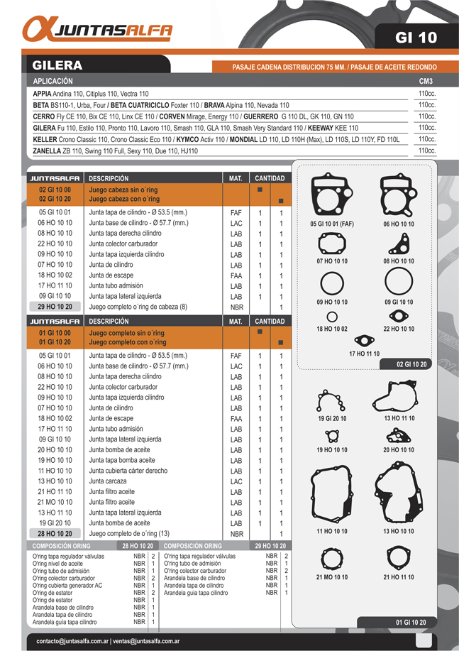 JUNTA JUEGO COMPLETO GILERA SMASH 110 /ZB 100 / BIT C/ORING CAD.75 D 54,5 ALFA 01GI1020