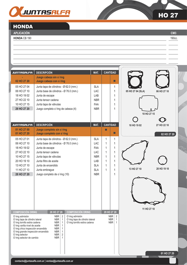 JUNTA C/CILINDRO HONDA CB 190 C/ORING ALFA 02HO2720
