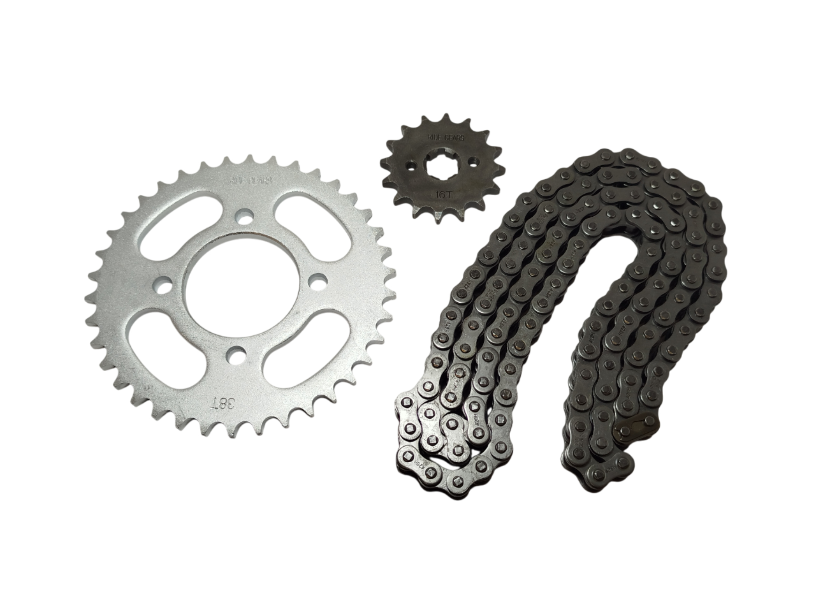 KIT CORONA, PIÑON Y CADENA MOTOMEL CG 150 S2 38/16T 428H-118L RIDE GEAR RG-32140