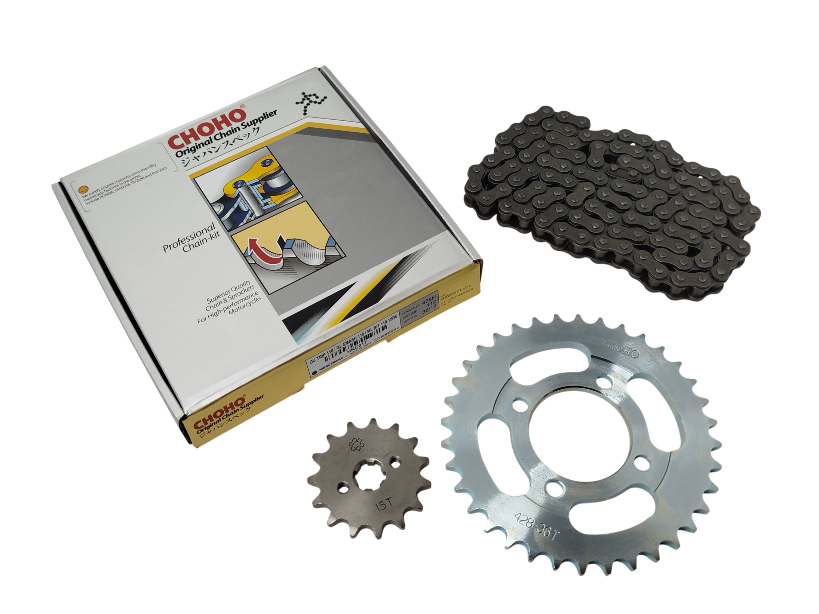KIT CORONA, PIÑON Y CADENA GILERA SMASH 110 36/15T 428H-112L CHOHO HKC017